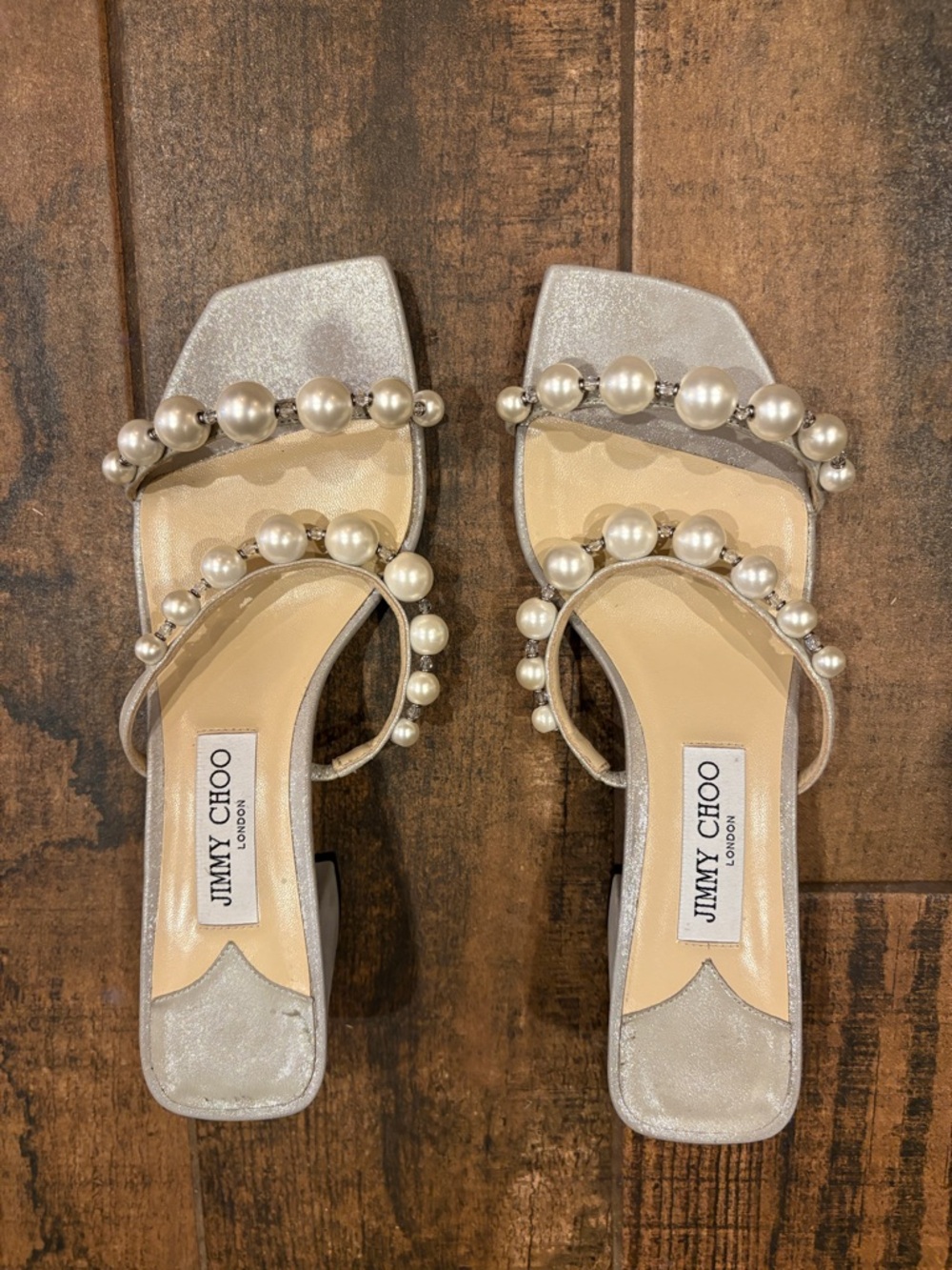 Jimmy Choo Silver Pearl-Trimmed Slide Heels Amara 45
